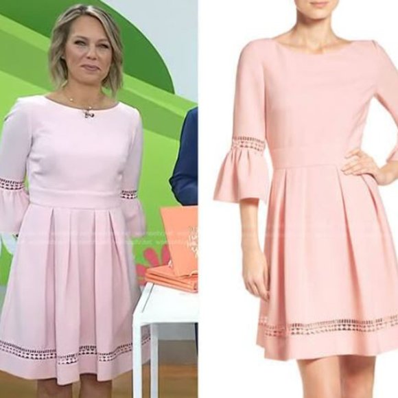 Eliza J Pink Bell Sleeve Fit and Flare Laser Cut Dress With Pockets - Picture 4 of 12